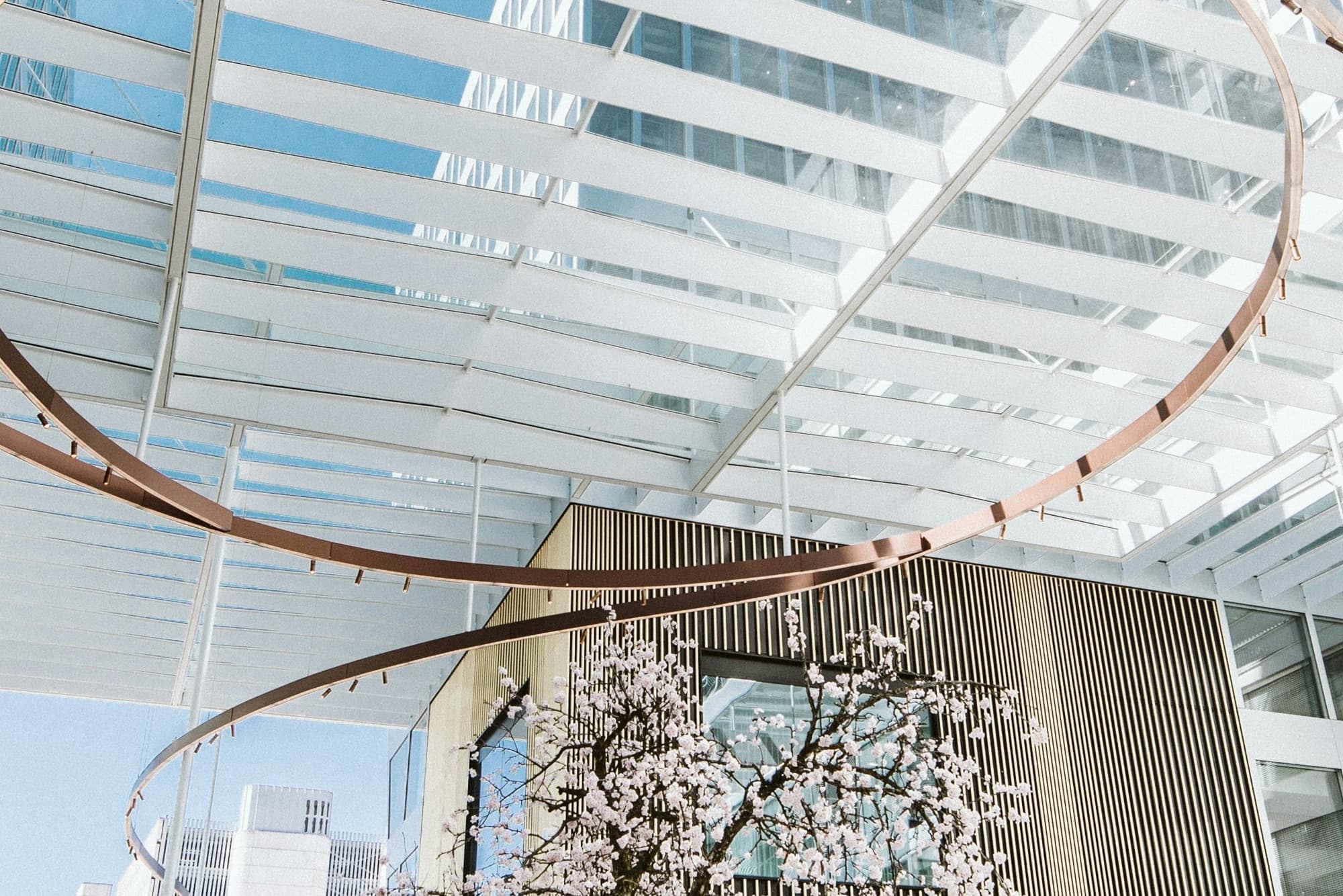 open-air shopping district with evening lighting and people gathering