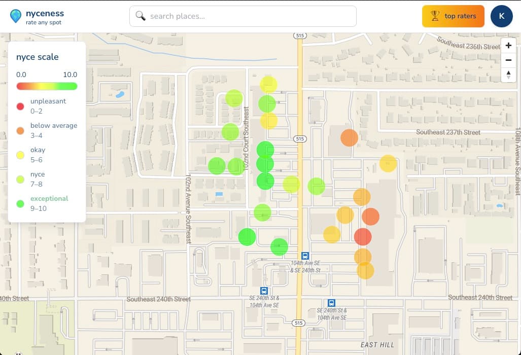 Nyceness map showing color-coded ratings across neighborhoods with the nyce scale legend